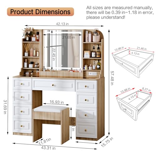 White 9 Drawer Glass Top Makeup Vanity Desk with Mirror and Lights C224