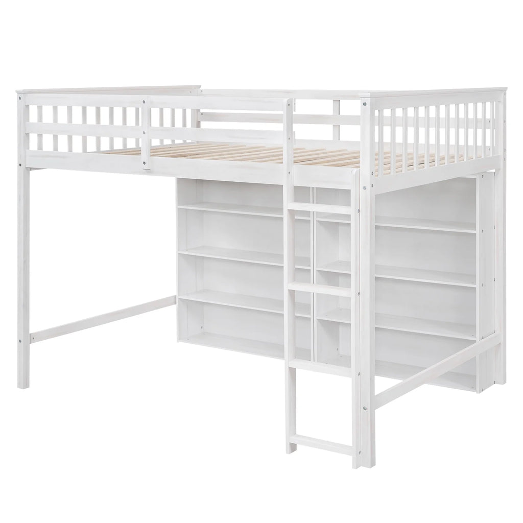 White Wood Full Size Loft Bed with 8 Open Storage Shelves O76639