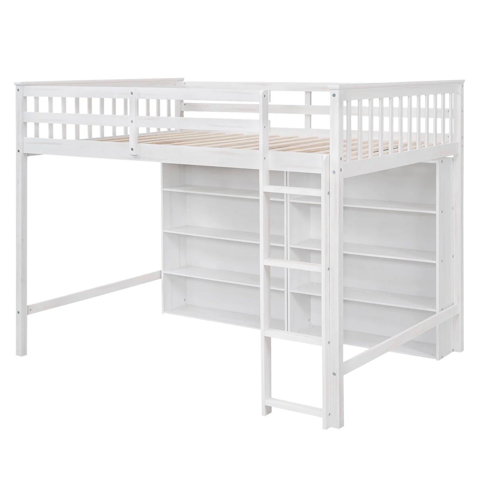 White Wood Full Size Loft Bed with 8 Open Storage Shelves O76639