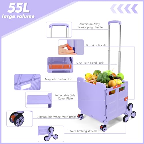 Foldable Utility Cart with Stair Climbing Wheels, Collapsible Rolling Crate with Magnetic Lid Telescopic Cover, Telescoping Handle, 360° Rotate Wheel Hand Cart (Purple) V69719