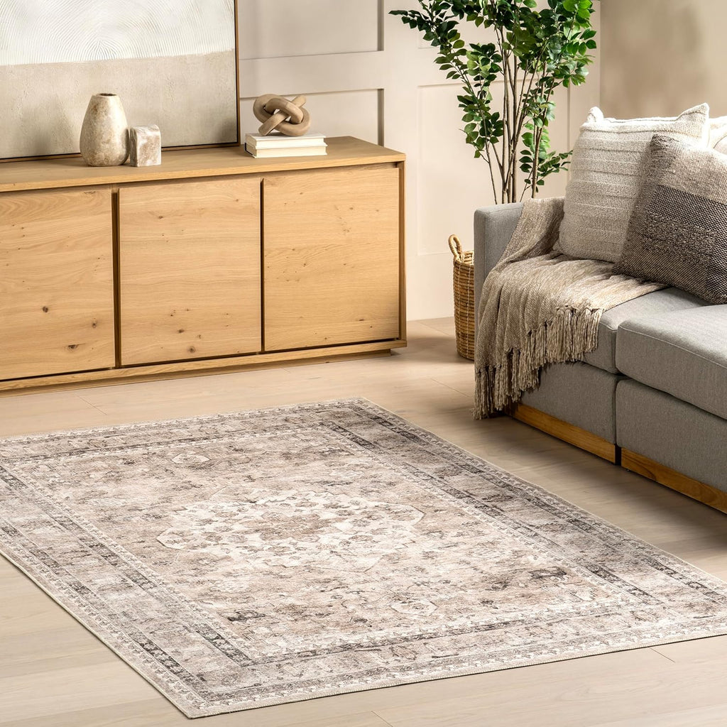 6x9 Spill Proof Machine Washable Area Rug, Stone/Ivory K319