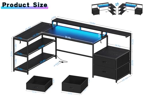 White L Shaped Gaming Desk with Drawers, LED Lights, Power Outlets, Shelves J329