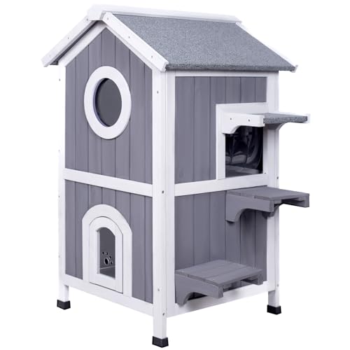 Outdoor Cat House Weatherproof Wooden Two-Story Feral Cat Shelter with Openable Roof Escape Door Balcony Z669967