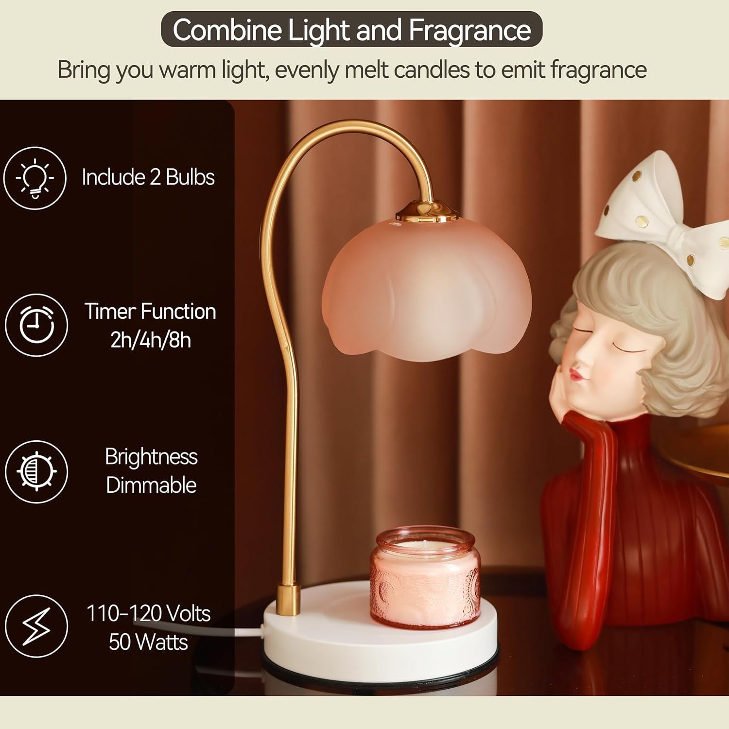 Candle Warmer Lamp with Timer & Dimmer, Electric for Large Jar Candles, 3 Wick Candle, with 2 Bulbs F397