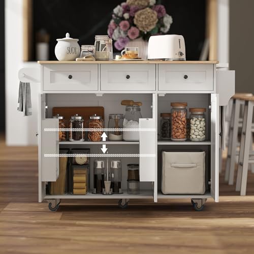 White Rolling Kitchen Island with Wood Top, 3 Drawers, Adjustable Shelf H448543