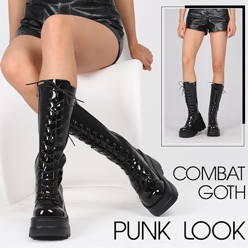 Womens High Platform Mid Calf Wedges Chunky High Heel Round-Toe Side Zip Combat Boots D456