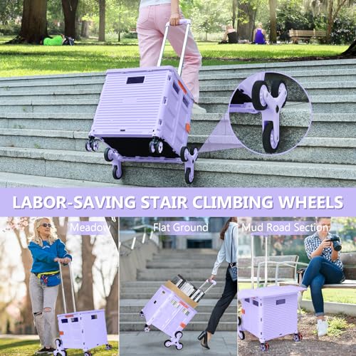 Foldable Utility Cart with Stair Climbing Wheels, Collapsible Rolling Crate with Magnetic Lid Telescopic Cover, Telescoping Handle, 360° Rotate Wheel Hand Cart (Purple) V69719