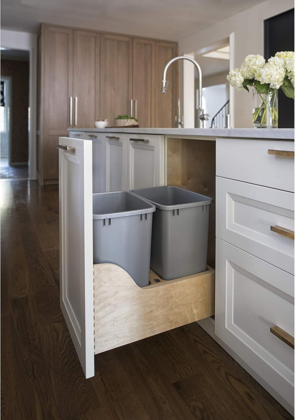Double 35-Quart Maple Bottom Mount Kitchen Pullout Waste Container Trash Can with Soft-Close Slides, Silver R738731