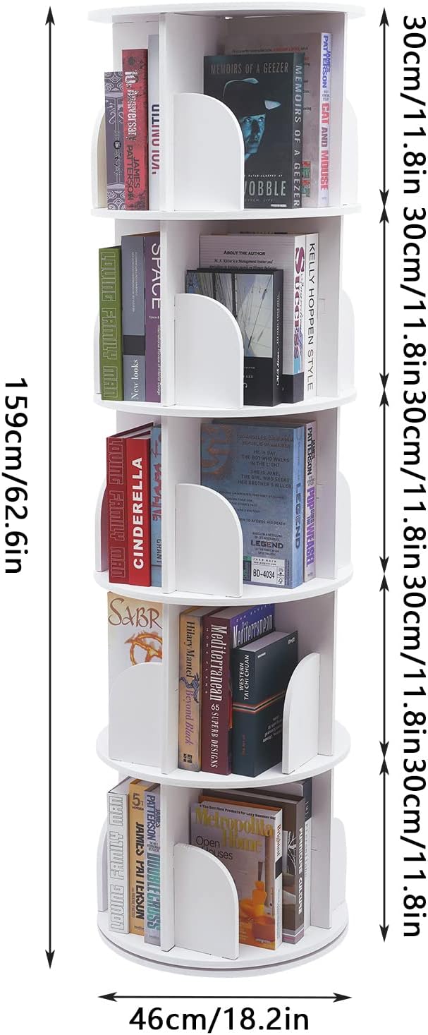 5 Tier 360° Rotating White PVC Board Bookshelf H838339
