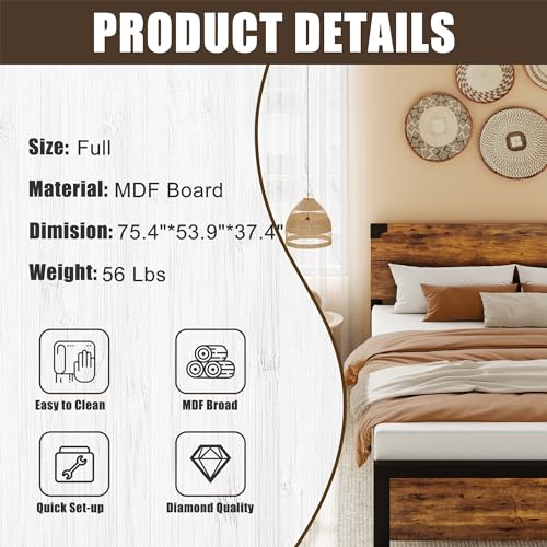 Rustic Brown Full Size Bed Frame with Wood Headboard and Under Bed Storage M371148