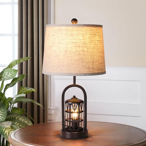 23" Rustic Table Lamp Set of 2 with Night Light, Brown T698