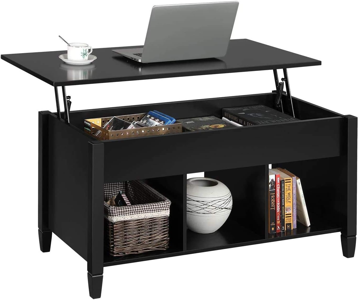 Black Lift Top Wood Coffee Table with Storage Shelf K558