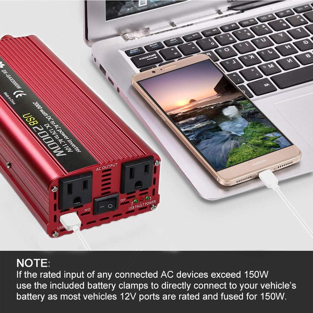 1200W DC to AC 12V to 110V Car Power Inverter with 3.1A USB and Battery Clips W33366