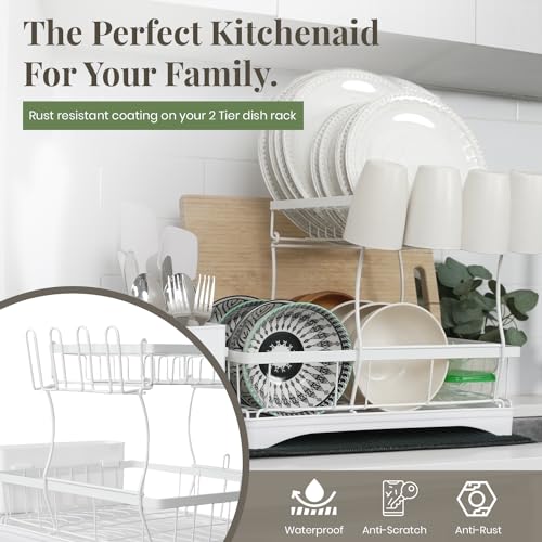 White 2-Tier Metal Dish Drying Rack with Drainboard F45826