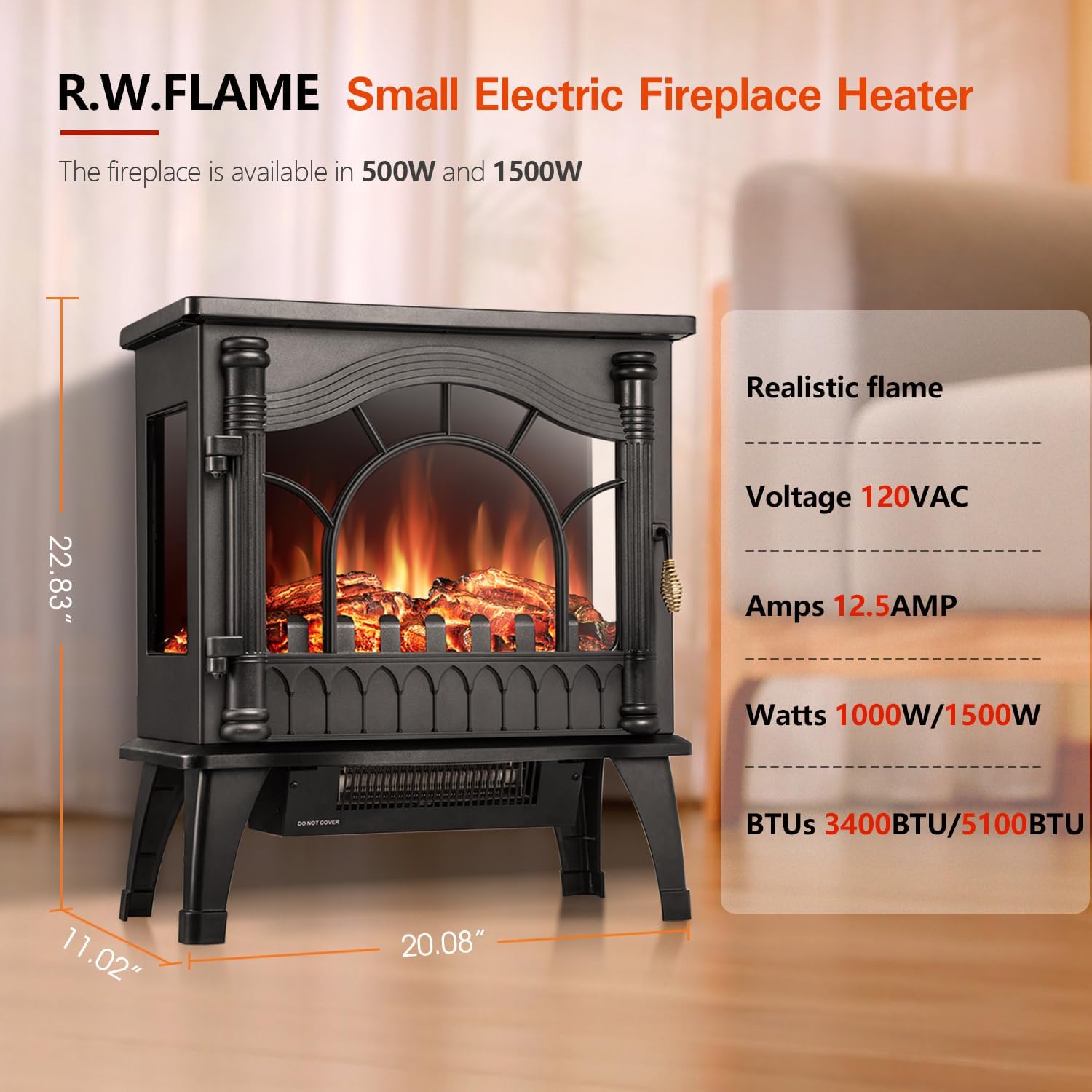 20" Freestanding Electric Fireplace Heater with 3D Flame Effects Q49625