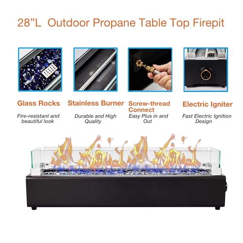 Black 28-inch Table Top Propane Fire Pit with Wind Glass Shield U5269