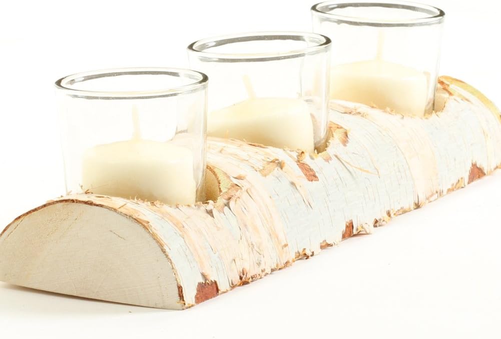 10-Inch Birch Log Candle Holder with 3 Glass Candle Holders L22076