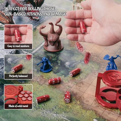 Metal Polyhedral Bullet Dice Set of 7 with Spinning Revolver Cylinder Container (Blue) J495712