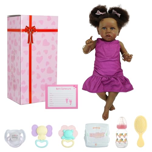 22" Realistic African American Newborn Baby Doll with Two Afro Puffs & Feeding Toys W87060