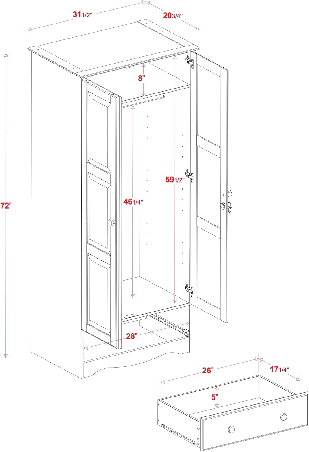 100% Solid Wood Wardrobe Armoire Mocha Stained G9323