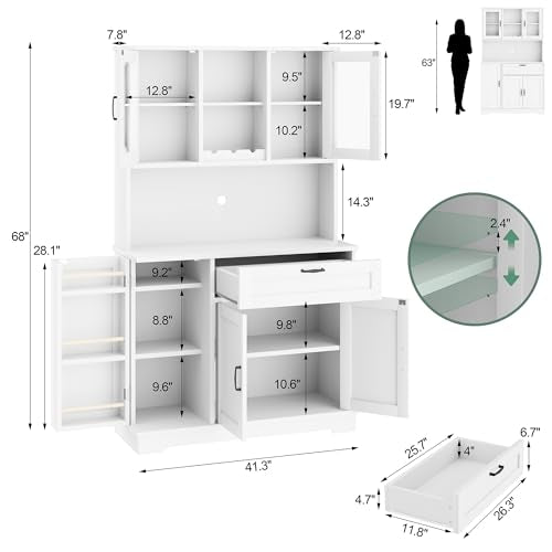 Brown Freestanding Kitchen Pantry Storage Cabinet with Microwave Stand, 4 Door Shelves, Adjustable Shelves and Wine Rack H556463