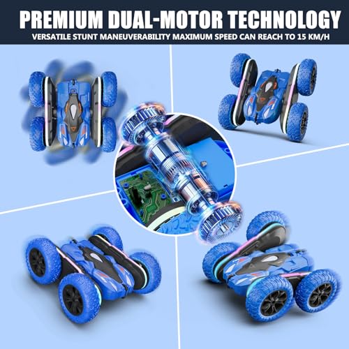 Remote Control Car with LED-Strips, 360° Flips Stunt Toy Cars, 40 Min Playtime with Dual Batteries & Extra Tires S11948