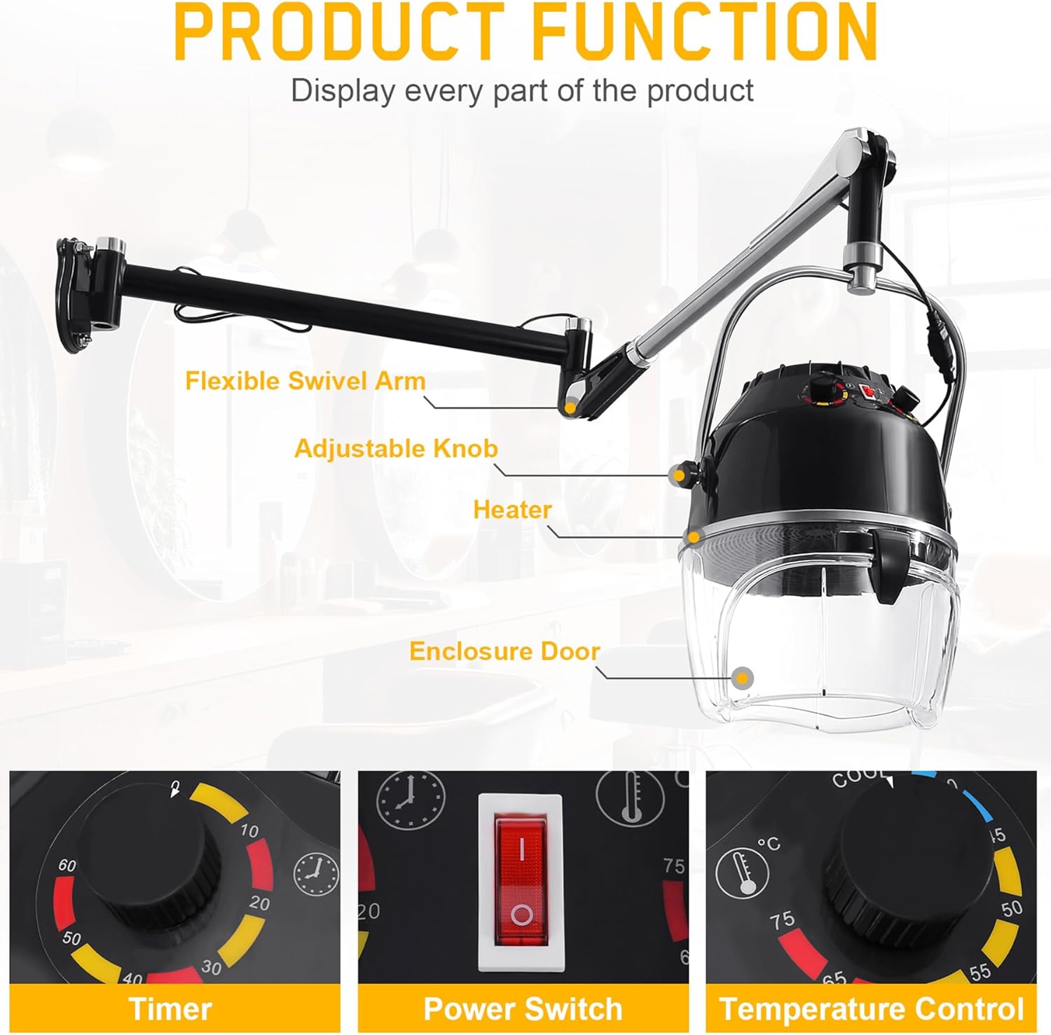 Black Wall Mounted Hair Dryer with Swivel Arm D65359