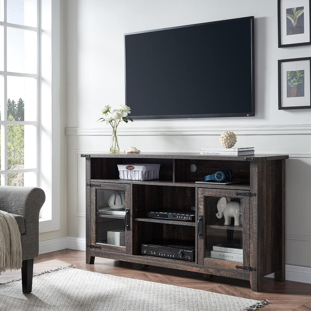 Light Rustic Oak TV Stand with Glass Storage Cabinets T153860