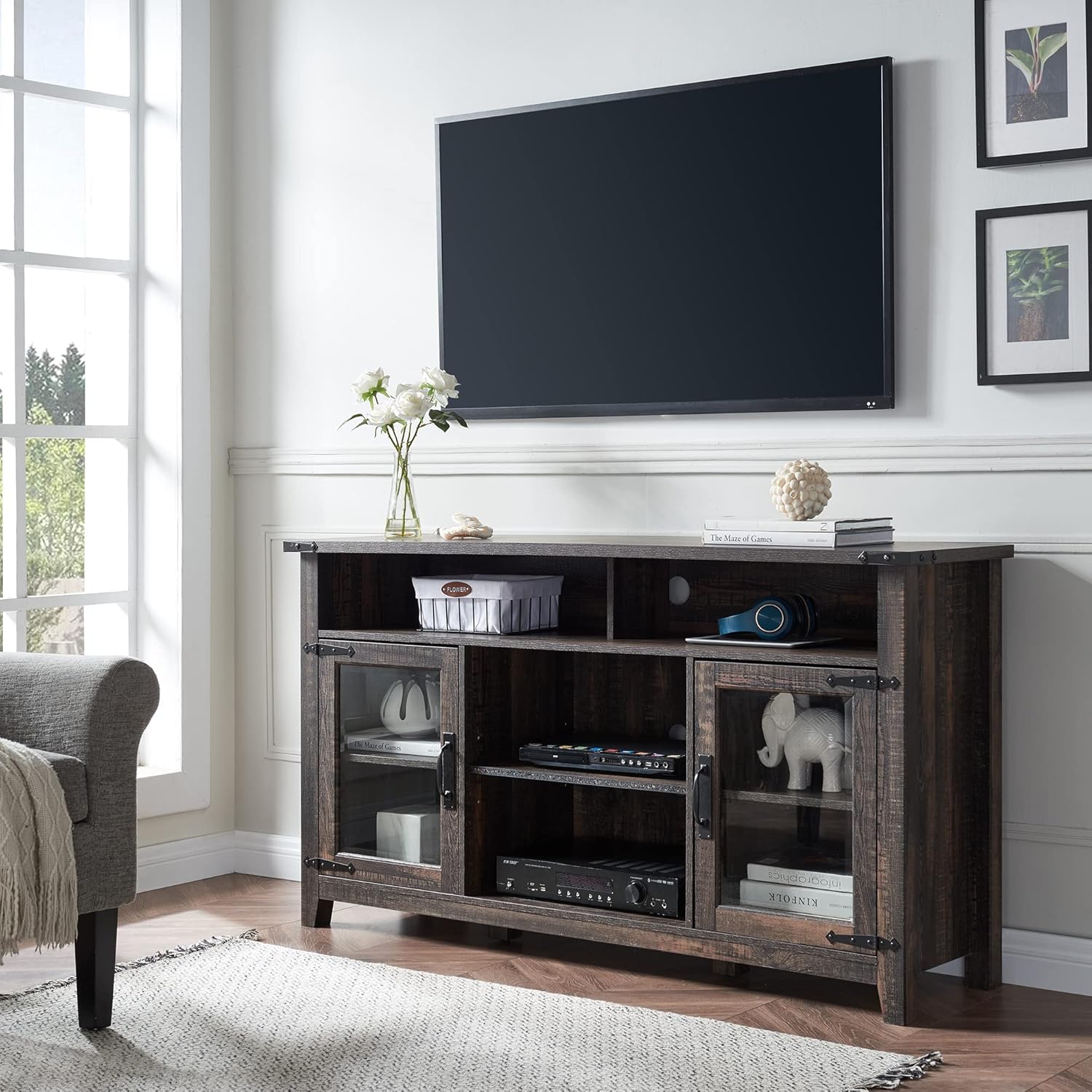 Light Rustic Oak TV Stand with Glass Storage Cabinets T153860