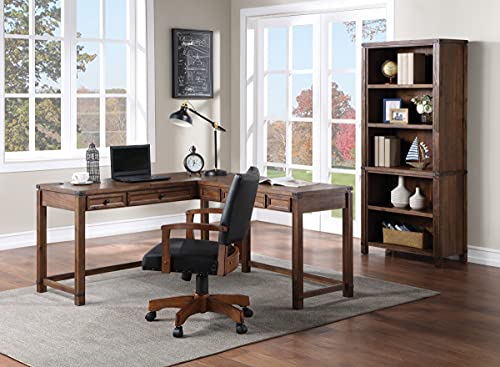 Rustic L-Shape Office Desk with Power Port Drawer, Champagne Oak Finish O314166