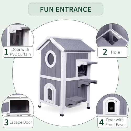 Outdoor Cat House Weatherproof Wooden Two-Story Feral Cat Shelter with Openable Roof Escape Door Balcony Z669967
