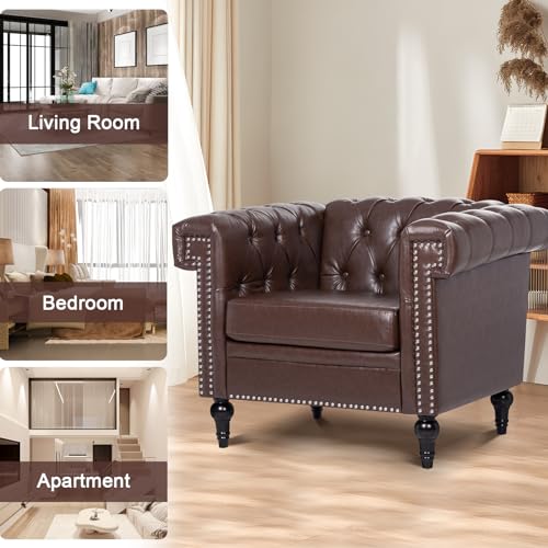 Brown Leather Square Arm Tufted Single Sofa Chair with Nailheads and Solid Wood Legs O898104