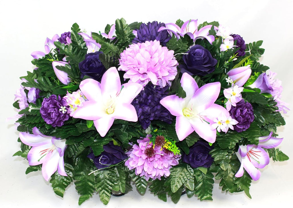 Purple Lilies Roses Mums Headstone Flower Saddle O57114