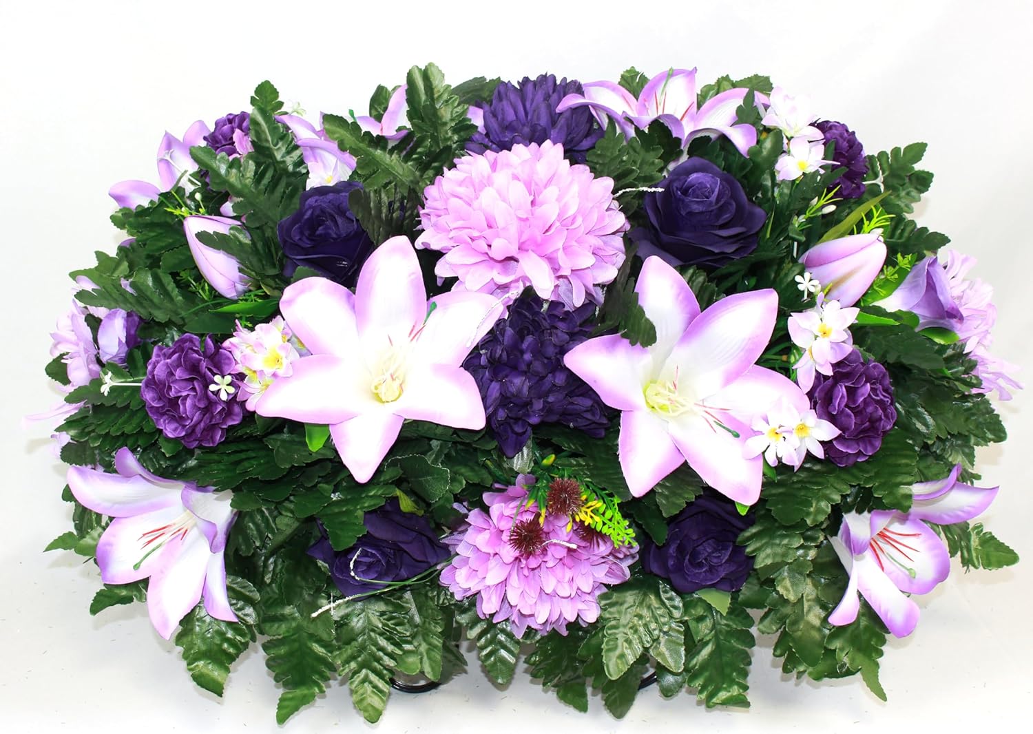 Purple Lilies Roses Mums Headstone Flower Saddle O57114