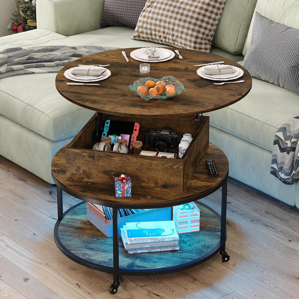 Rustic Brown Lift Top Round Coffee Table with 2-Tier Storage & Wheels C30371