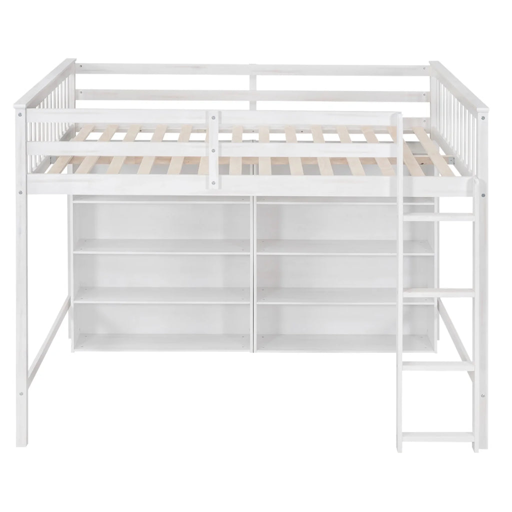 White Wood Full Size Loft Bed with 8 Open Storage Shelves O76639