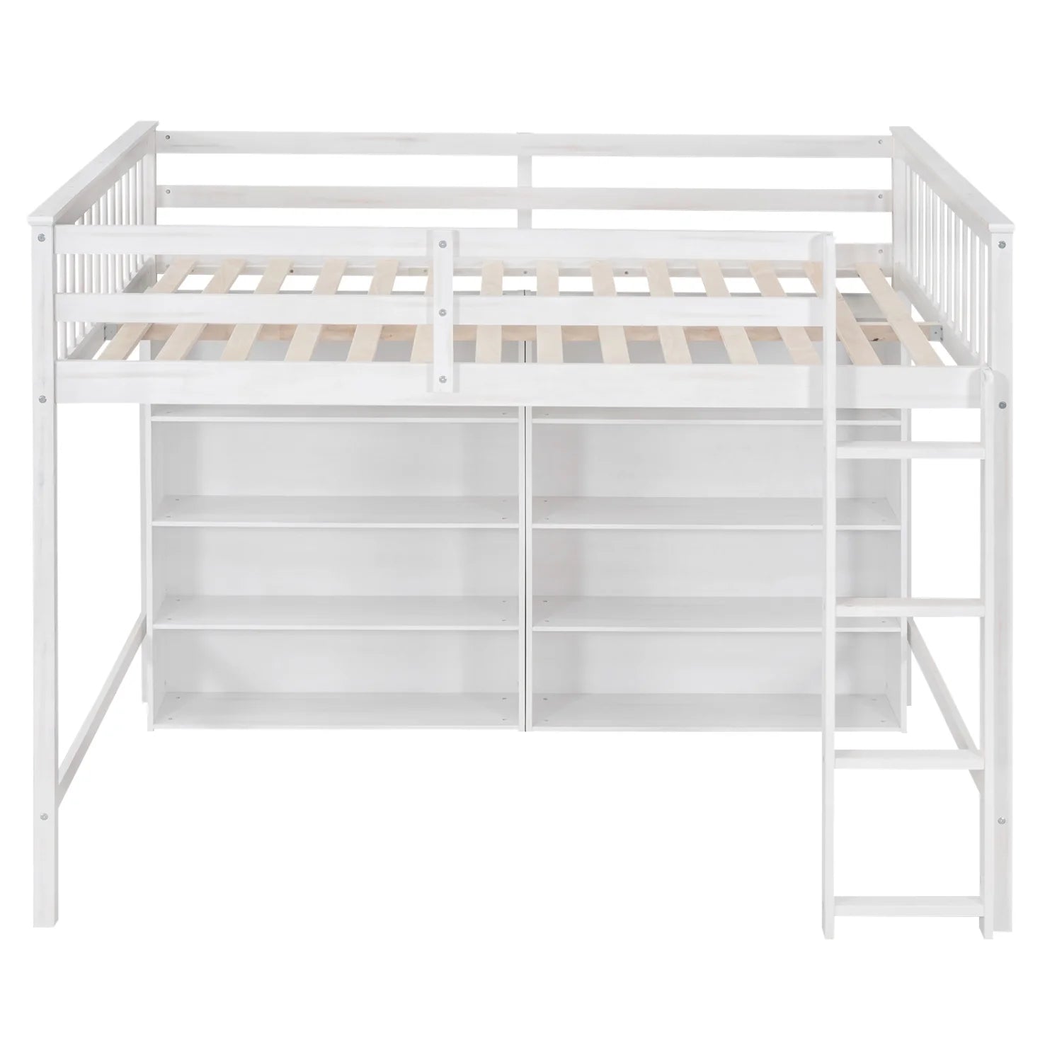 White Wood Full Size Loft Bed with 8 Open Storage Shelves O76639