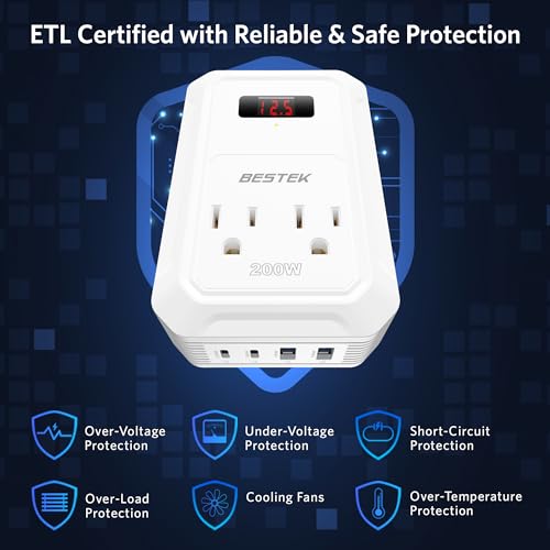 200W Car Power Inverter DC 12V to 110V AC Converter with 2 USB-C and 2 USB-QC LCD Screen Dual AC Adapter T98957