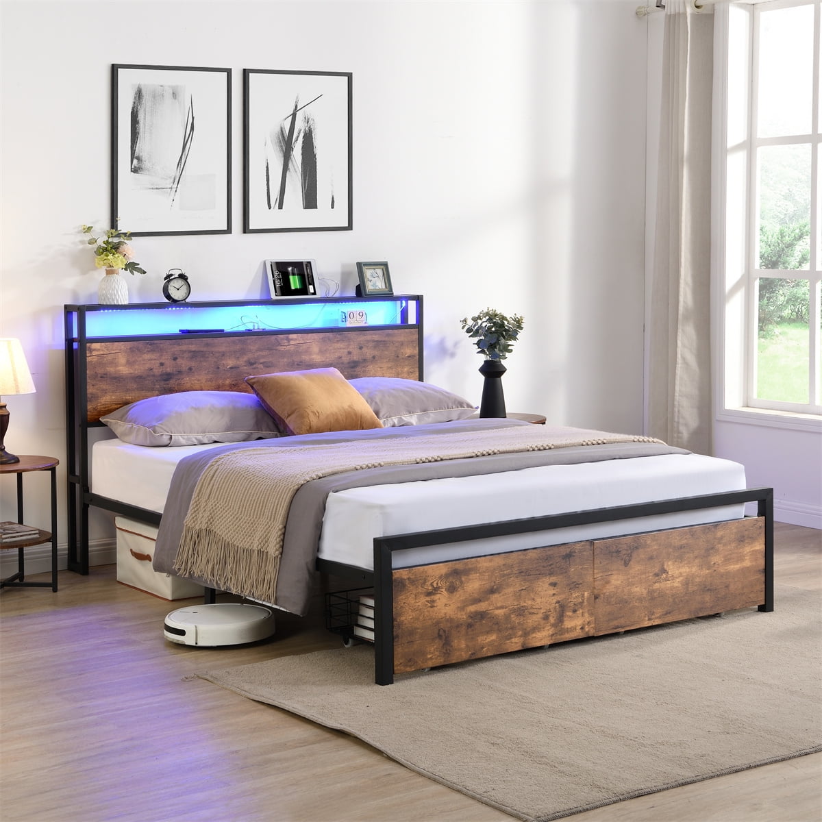 Queen Size Metal Bed Frame with Storage Headboard and 2 Drawers I5040