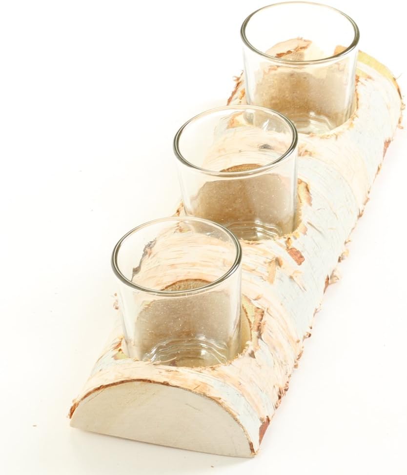 10-Inch Birch Log Candle Holder with 3 Glass Candle Holders L22076
