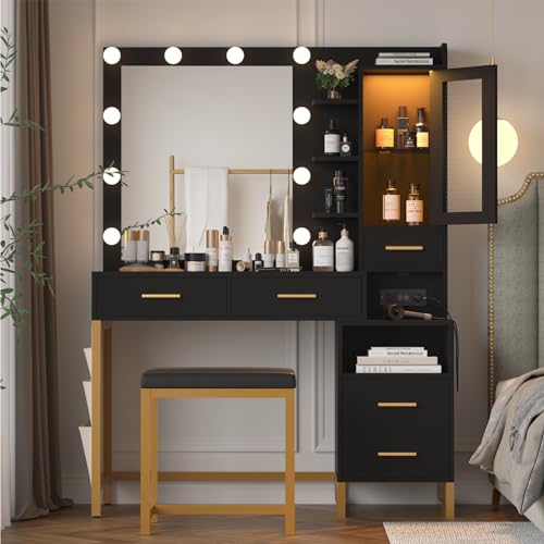 White Vanity Desk with Lighted Mirror and Chair, 5 Drawers Vanity Table Set with LED Cabinet & Storage Bag I703283
