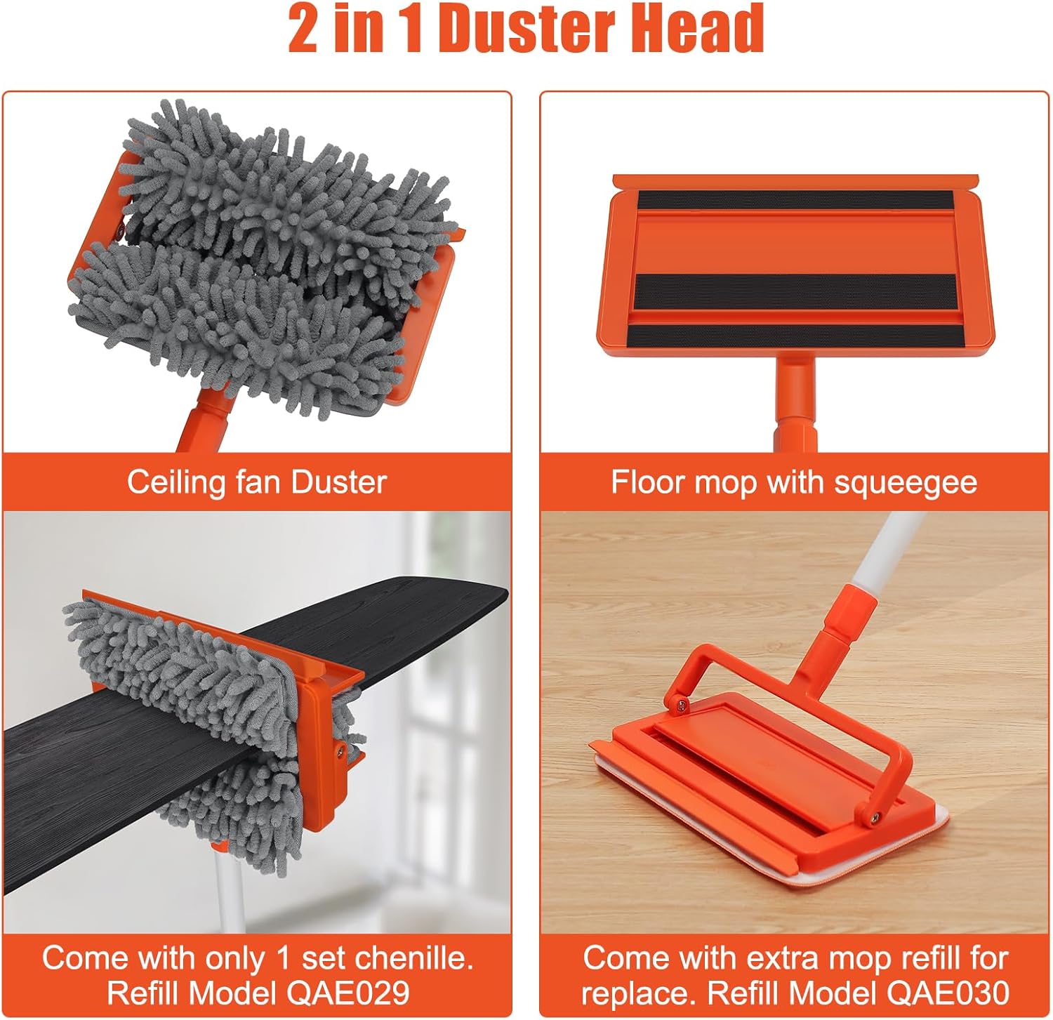 62.5‘’ Extendable Long Handle Ceiling Fan Cleaning Tool with Reusable Chenille & Microfiber Mop Head A739