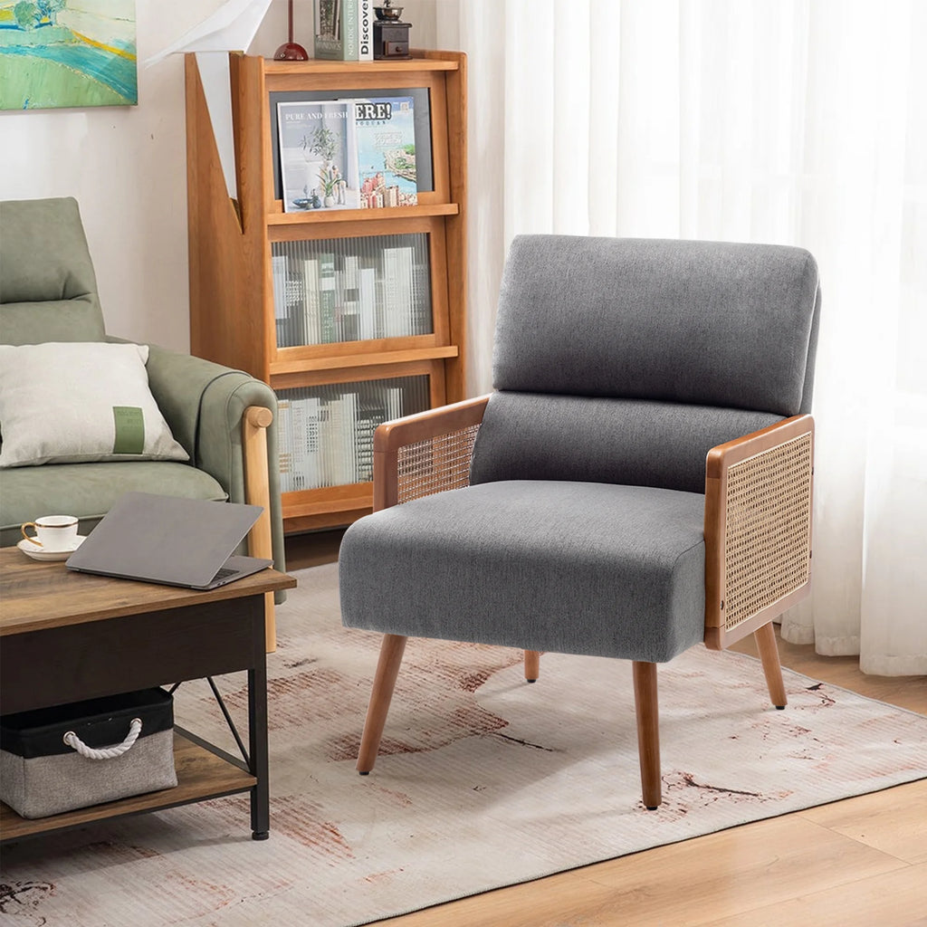 Fabric Upholstered Armchairs with Rattan Armrests G93813