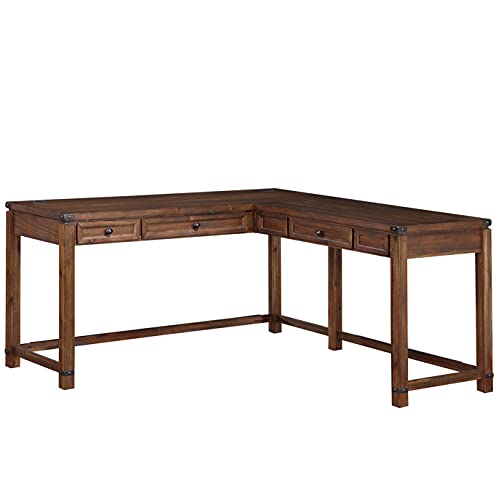 Rustic L-Shape Office Desk with Power Port Drawer, Champagne Oak Finish O314166