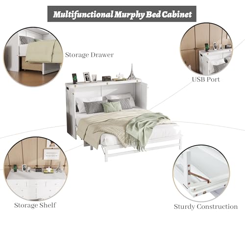 White Queen Murphy Bed with Storage Drawer T9137