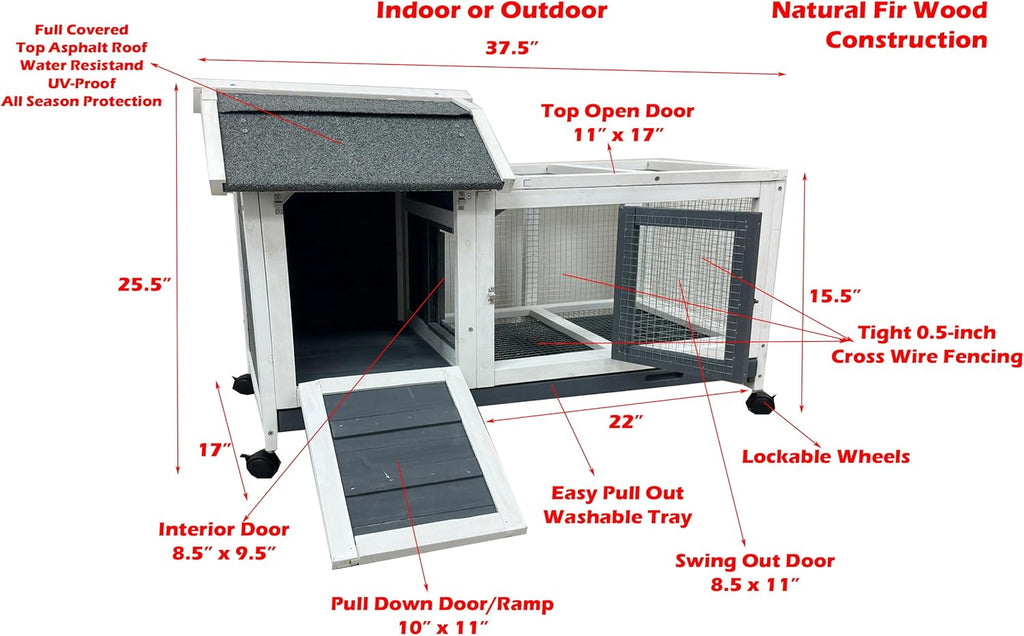 Gray/White 37L x 21W x 25H Inches Wooden Rabbit Hutch with Washable Tray P119