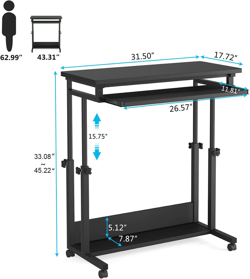 Black Height Adjustable Rolling Laptop Cart with Keyboard Tray C74996