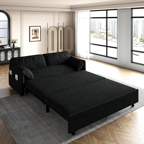 Blue Velvet Queen Size Convertible Sleeper Sofa with 2 Pillows M4207