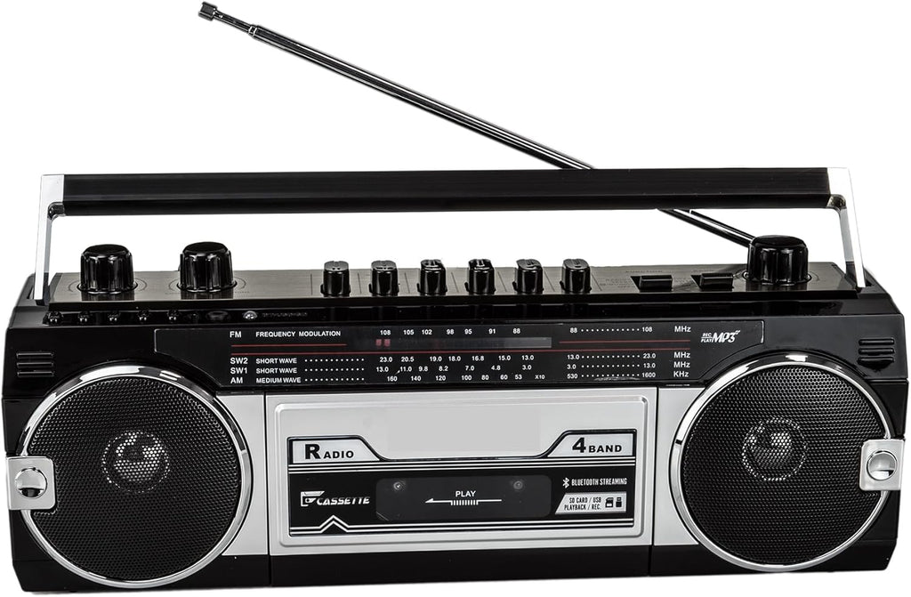 Black Retro Bluetooth Boombox Radio Cassette Player Recorder E785