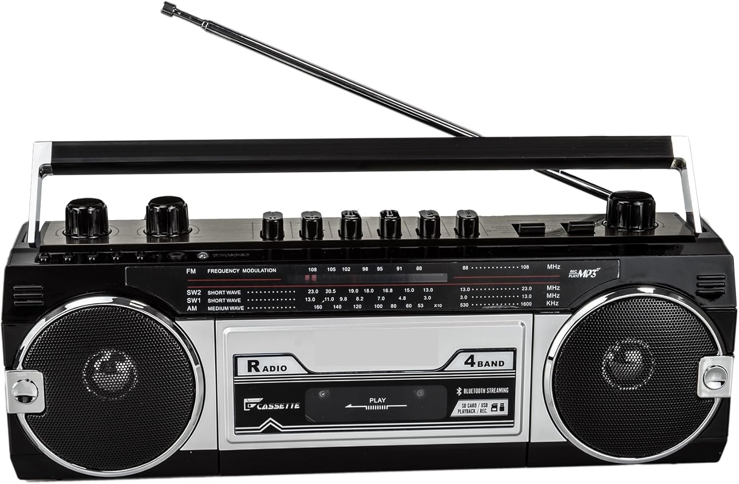 Black Retro Bluetooth Boombox Radio Cassette Player Recorder E785